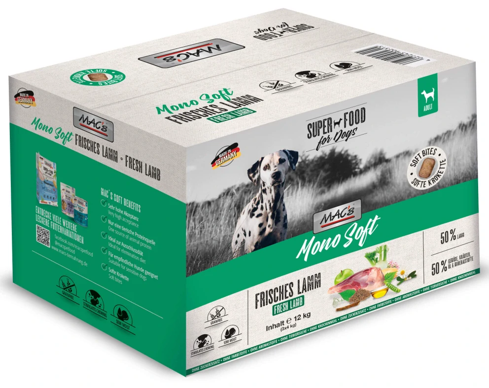 MACS Dog SOFT MONO jehně 12kg (chov.bal. 3x4kg)+150Kč BONUS+DOPRAVA ZDARMA+1x masíčka Perrito!